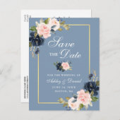 Dusty Blue Pink Blush Floral Gold Save the Date Ankündigungspostkarte (Vorne/Hinten)