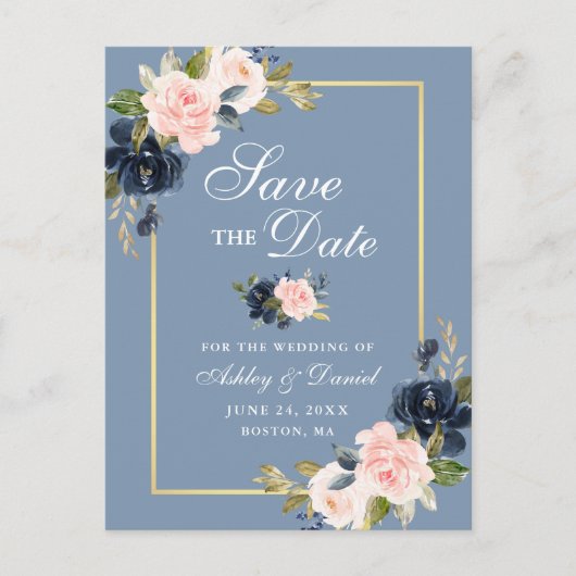 Dusty Blue Pink Blush Floral Gold Save the Date Ankündigungspostkarte (Vorderseite)