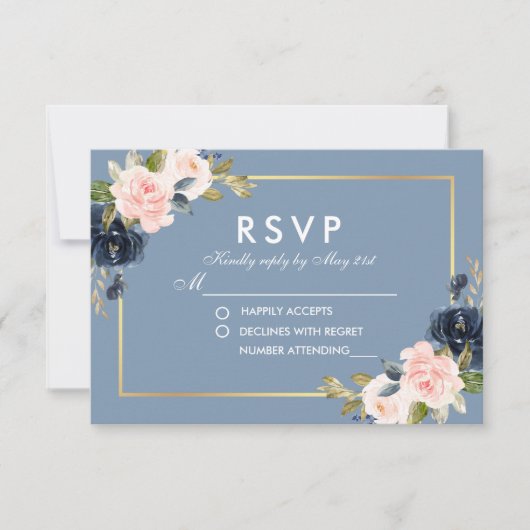 Dusty Blue Pink Blush Floral Gold Wedding RSVP (Vorderseite)