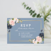 Dusty Blue Pink Blush Floral Gold Wedding RSVP (Stehend Vorderseite)