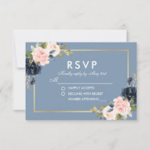 Dusty Blue Pink Blush Floral Gold Wedding RSVP