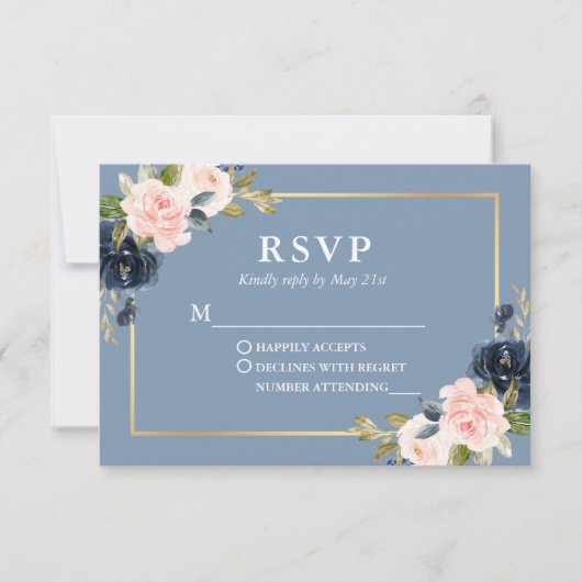 Dusty Blue Pink Blush Floral Gold Wedding RSVP Karte (Vorderseite)