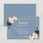 Dusty Blue Pink Blush Floral Gold Wedding RSVP Karte (Vorne/Hinten)
