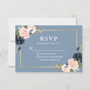 Dusty Blue Pink Blush Floral Gold Wedding RSVP Karte