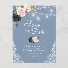 Dusty Blue Pink Blush Floral Save the Date Ankündigungspostkarte