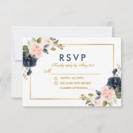 Dusty Blue Pink Blush Floral Wedding Gold UAWG RSVP Karte