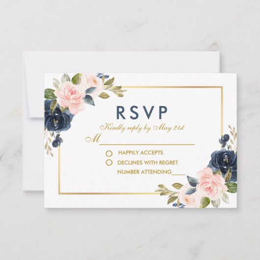 Dusty Blue Pink Blush Floral Wedding Gold UAWG RSVP Karte (Vorderseite)