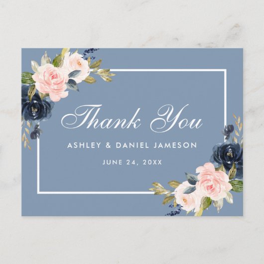 Dusty Blue Pink Blush Floral Wedding Vielen Dank Postkarte (Vorderseite)