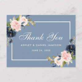 Dusty Blue Pink Blush Floral Wedding Vielen Dank Postkarte