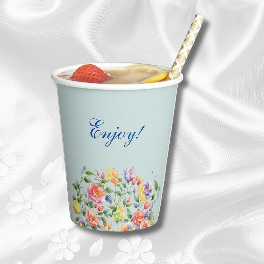 Dusty Blue Pink Bright Floral Brautparty Pappbecher