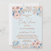 Dusty Blue Pink Floral Boho Chic Baby Dusche Einladung (Vorderseite)