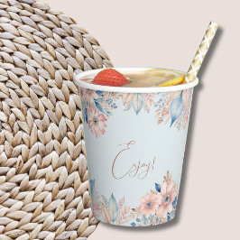 Dusty Blue Pink Floral Boho Chic Baby Dusche Pappbecher