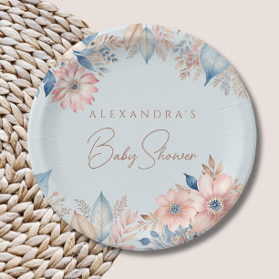 Dusty Blue Pink Floral Boho Chic Baby Dusche Pappteller