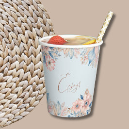Dusty Blue Pink Floral Boho Chic Brautparty Pappbecher