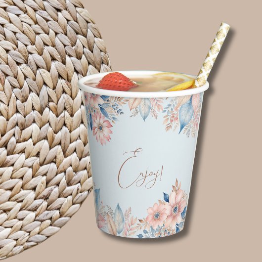 Dusty Blue Pink Floral Boho Chic Brautparty Pappbecher