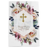 Dusty Blue Pink Floral Bouquet geometrische Taufe Mittlere Geschenktüte (Rückseite)