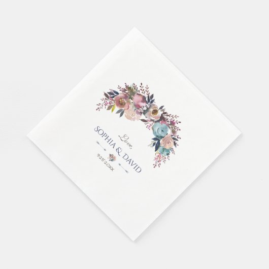 Dusty Blue Pink Floral Bouquet Wedding Serviette (Ecke)