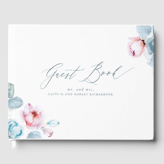 Dusty Blue Pink Floral Elegant Wedding Gästebuch (Vorderseite)