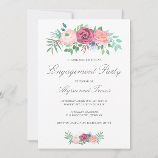 Dusty Blue Pink Floral Elegante Engagement Party Einladung (Vorderseite)