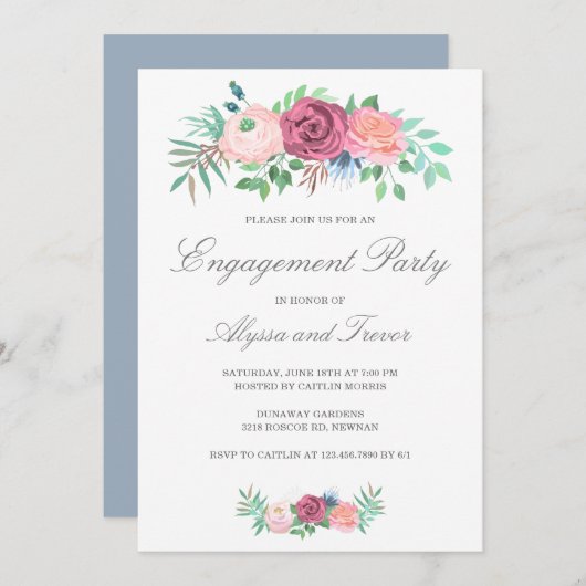 Dusty Blue Pink Floral Elegante Engagement Party Einladung (Vorne/Hinten)