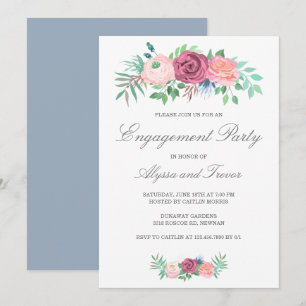 Dusty Blue Pink Floral Elegante Engagement Party Einladung