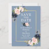 Dusty Blue Pink Floral Gold Foto Save the Date (Vorderseite)