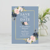 Dusty Blue Pink Floral Gold Foto Save the Date (Stehend Vorderseite)