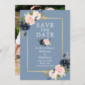 Dusty Blue Pink Floral Gold Foto Save the Date (Vorne/Hinten)