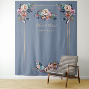 Dusty Blue Pink Floral Gold Frame Foto Stand Prop Wandteppich