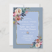 Dusty Blue Pink Floral Gold Frame Probe Dinner Einladung (Vorderseite)