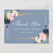 Dusty Blue Pink Floral Gold Hochzeit Vielen Dank Postkarte (Vorderseite)