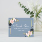 Dusty Blue Pink Floral Gold Hochzeit Vielen Dank Postkarte (Stehend Vorderseite)