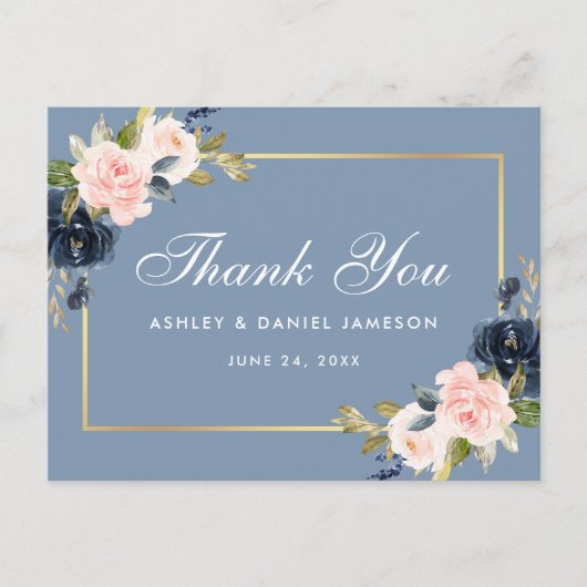 Dusty Blue Pink Floral Gold Hochzeit Vielen Dank Postkarte (Vorderseite)