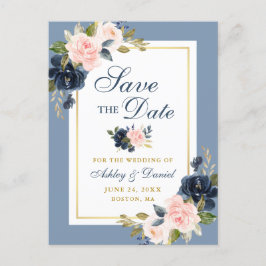 Dusty Blue Pink Floral Gold Save the Date Ankündigungspostkarte