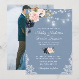 Dusty Blue Pink Floral Lights Foto Hochzeit Einladung