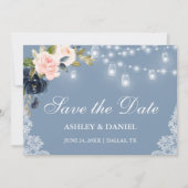 Dusty Blue Pink Floral Lights Lace Save The Date (Vorderseite)