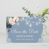 Dusty Blue Pink Floral Lights Lace Save The Date (Stehend Vorderseite)