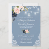 Dusty Blue Pink Floral Lights Wedding Einladung (Vorderseite)
