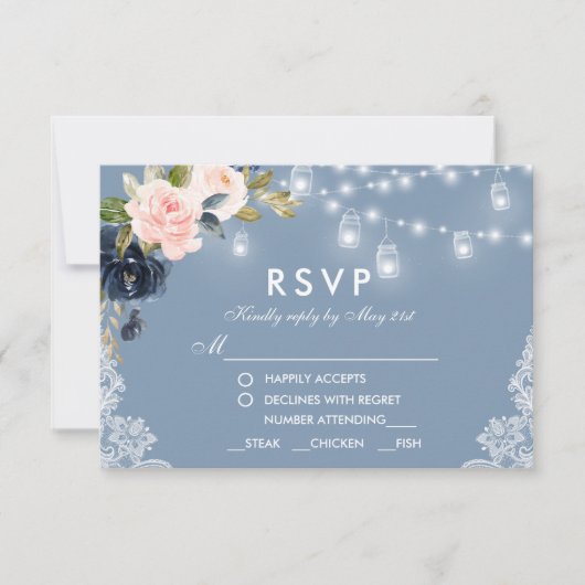 Dusty Blue Pink Floral Lights Wedding RSVP Karte (Vorderseite)