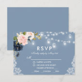 Dusty Blue Pink Floral Lights Wedding RSVP Karte (Vorne/Hinten)