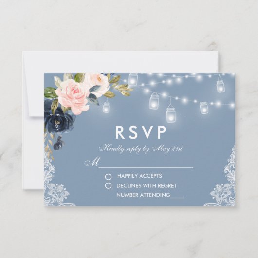 Dusty Blue Pink Floral Lights Wedding RSVP Karte (Vorderseite)