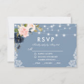Dusty Blue Pink Floral Lights Wedding RSVP Karte (Vorderseite)