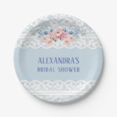 Dusty Blue Pink Floral Romantic Lace Brautparty Pappteller (Vorderseite)