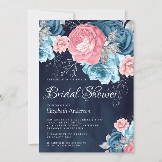 Dusty Blue Pink Floral Rose Navy Brautparty Einladung (Vorderseite)