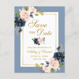 Dusty Blue Pink Floral Save the Date Gold Ankündigungspostkarte
