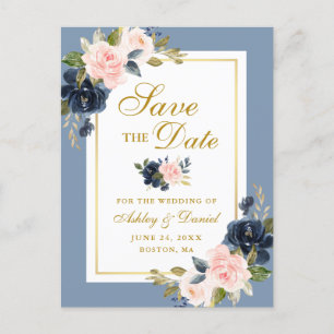 Dusty Blue Pink Floral Save the Date Gold Ankündigungspostkarte