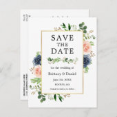 Dusty Blue Pink Floral Save the Date Postkarte (Vorne/Hinten)