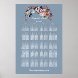 Dusty Blue Pink Floral Seating Chart 160 Gäste Poster