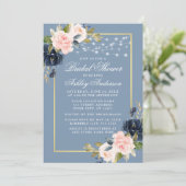 Dusty Blue Pink Floral String Lights Brautparty Einladung (Stehend Vorderseite)