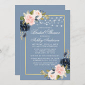 Dusty Blue Pink Floral String Lights Brautparty Einladung (Vorne/Hinten)